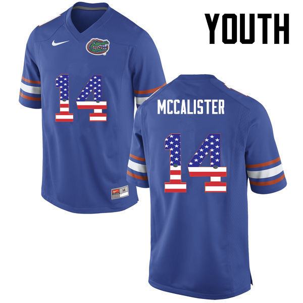 Youth Florida Gators #14 Alex McCalister College Football USA Flag Fashion Jerseys-Blue